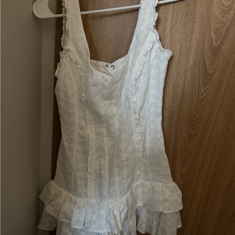 Guizio White Eyelet Ruffle Mini Dress